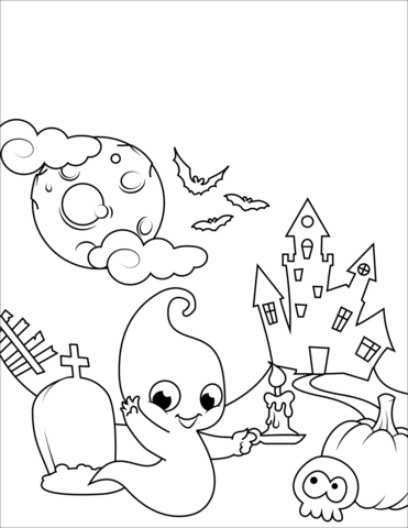 Halloween Scene With A Cute Ghost Coloring Page